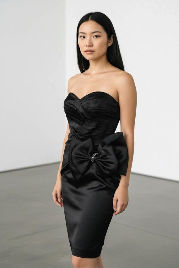 jessica mcclintock black cocktail dress Vintage Jessica McClintock Ruffle Neck Dress Womens 6 Black Cocktail Formal Chic