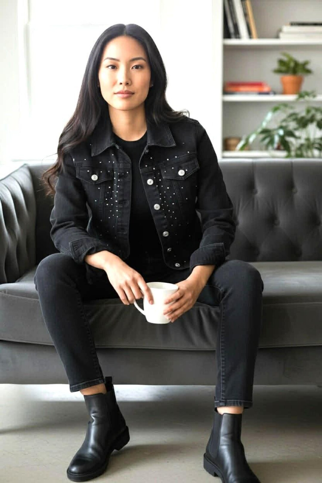 Christine Alexander Black Denim Jacket Swarovski Crystal