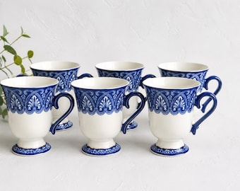 Vintage Bombay Blue White Tea Cups Set of 6 Silver Pedestal Mugs Cottagecore EUC