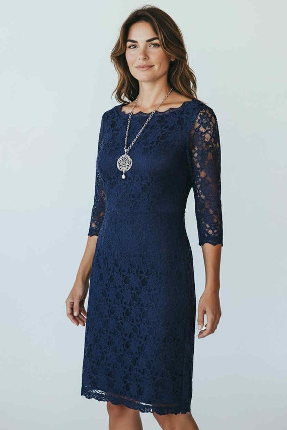 joseph ribkoff navy lace dress Vtg Joseph Ribkoff Navy Blue Lace Size 8 Boat Neck V-neck Back Stretchy  Fabric Sz 8