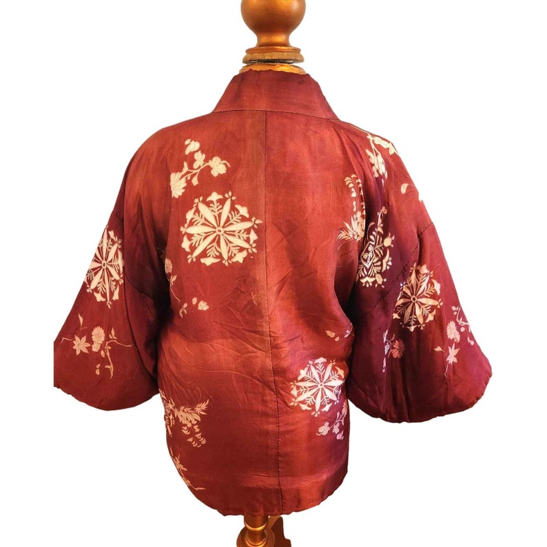 Vintage Padded Asian Silk Floral Kimono Jacket Rust Pink Gray Tie Front Size LG zdjęcie 6