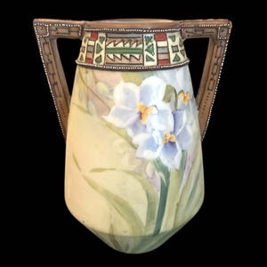 Antique Nippon Floral Hand Painted Floral Moriage Morimura Vase Double Handles