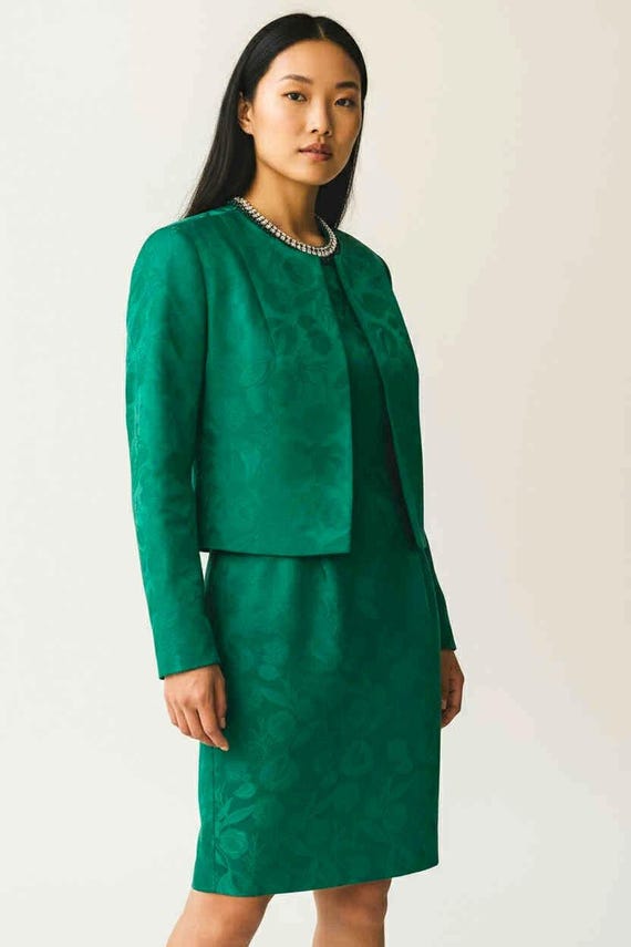 Vintage 1960s Emerald Satin Brocade 2 Piece Dress and Jacket Set Suit No Label Small Vintage 1960s Emerald Satin Brocade 2 Piece Dress and Jacket Set Suit No Label Small