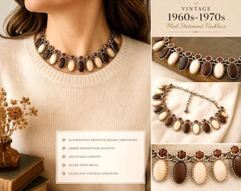 Vintage 1970s Mod Statement Necklace Brown Cream Cabochon Adjustable Choker MCM