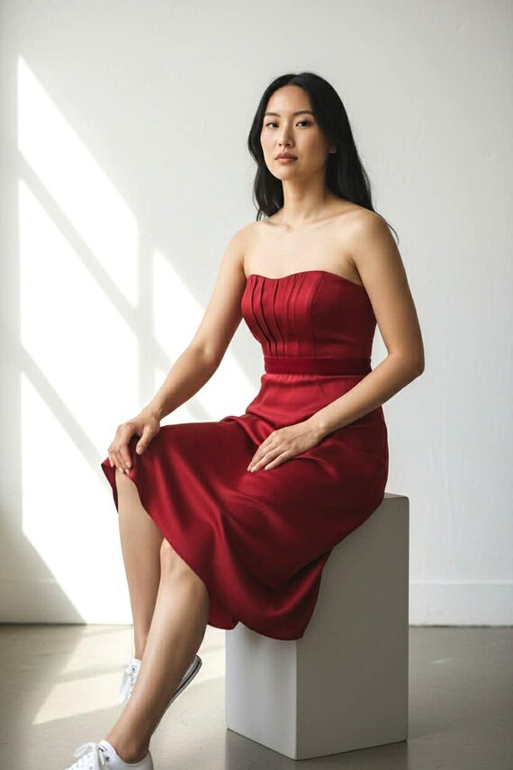 Vintage Banana Republic Strapless Red Cocktail Dress with Velvet Waist Band Size 6 Vintage Banana Republic Strapless Red Cocktail Dress with Velvet Waist Band Size 6