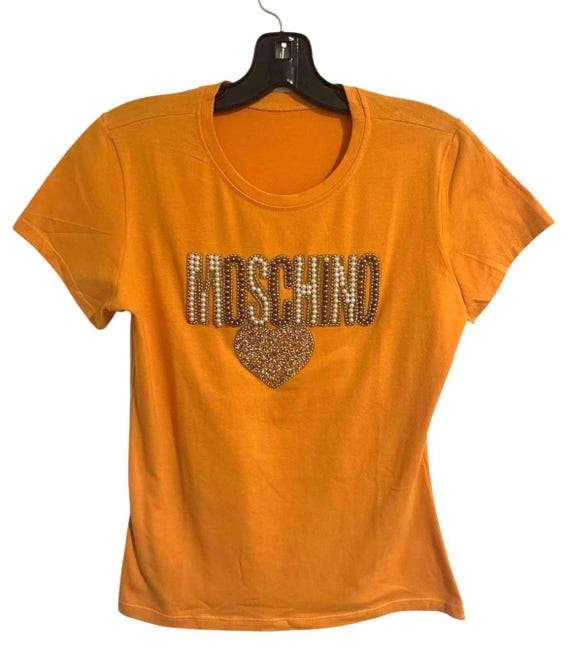 MOSCHINO Gold Signature Designer Heart Tee Shirt Top Pearl