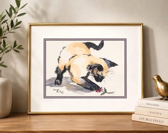 Vintage 1993 Signed Watercolor Siamese Cat Painting Sarah Phillips Framed