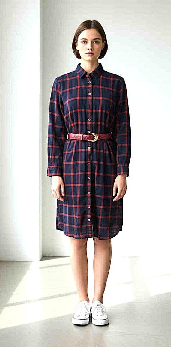 Vintage J Crew Re Imagined Navy Red Plaid Shirt Dress Cotton 8 Button Front Vintage J Crew Re Imagined Navy Red Plaid Shirt Dress Cotton 8 Button Front
