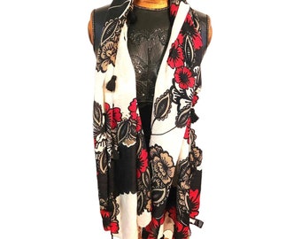 Vtg White House Black Market Blk White Red Floral w/Tassels Oblong Cotton Scarf!