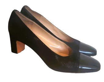 Vtg Salvatore Ferragamo Schwarz Wildleder Sparkle Pumps Leder Zehen Größe 10 AA Made Italy