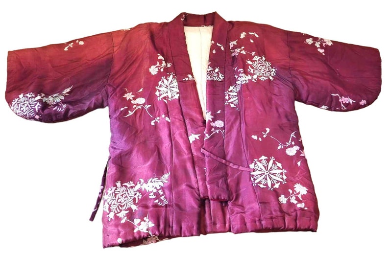 Vintage Padded Asian Silk Floral Kimono Jacket Rust Pink Gray Tie Front Size LG zdjęcie 2