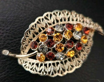 Vintage CORO bladgoud broche pin w/Amber goud Gunmetal stenen 2,5 "x 1,5" EUC!!