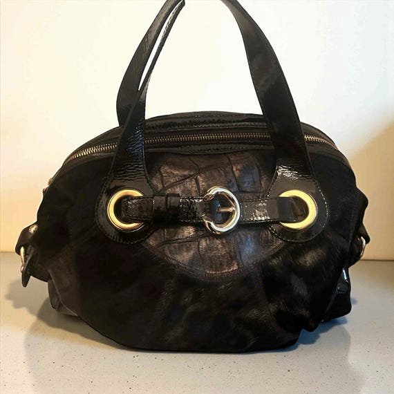 Francesco Biasia Designer Large Black Leather and Calf Hair