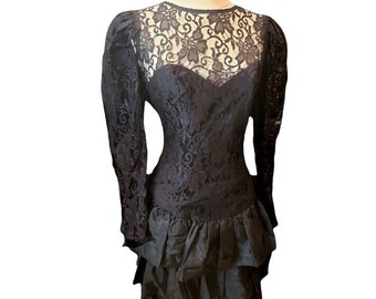 Vintage 1980s Judy Black Taffeta Party Dress Ruffled Skirt Lace Bodice Sz S EUC