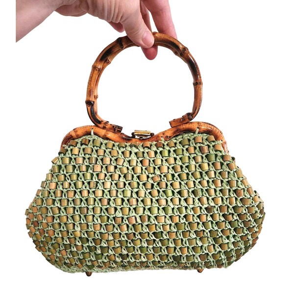 Vintage Green Gaymode Straw Beaded Purse Handbag Bamboo Handle Made Japan EUC!