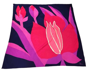 Vintage Vera Neumann Signed 1970s Floral Square Scarf Bright Pink Purple Navy