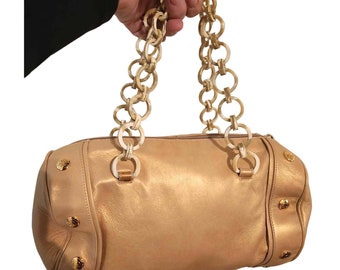 Vtg. St. John Gold Leather Zip Barrel Handbag w/Chain Handles Gold Gromet Accents EUC