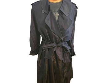 Vtg. Etcetera Black 100% Silk Trench Coat Jacket Sz 10 Double Breasted Matching Belt