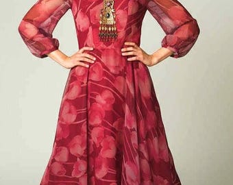 Vintage 1970s Floral Chiffon Maxi Dress Sheer Sleeves Boho Gown  No Label Size S