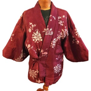 Vintage Padded Asian Silk Floral Kimono Jacket Rust Pink Gray Tie Front Size LG zdjęcie 1