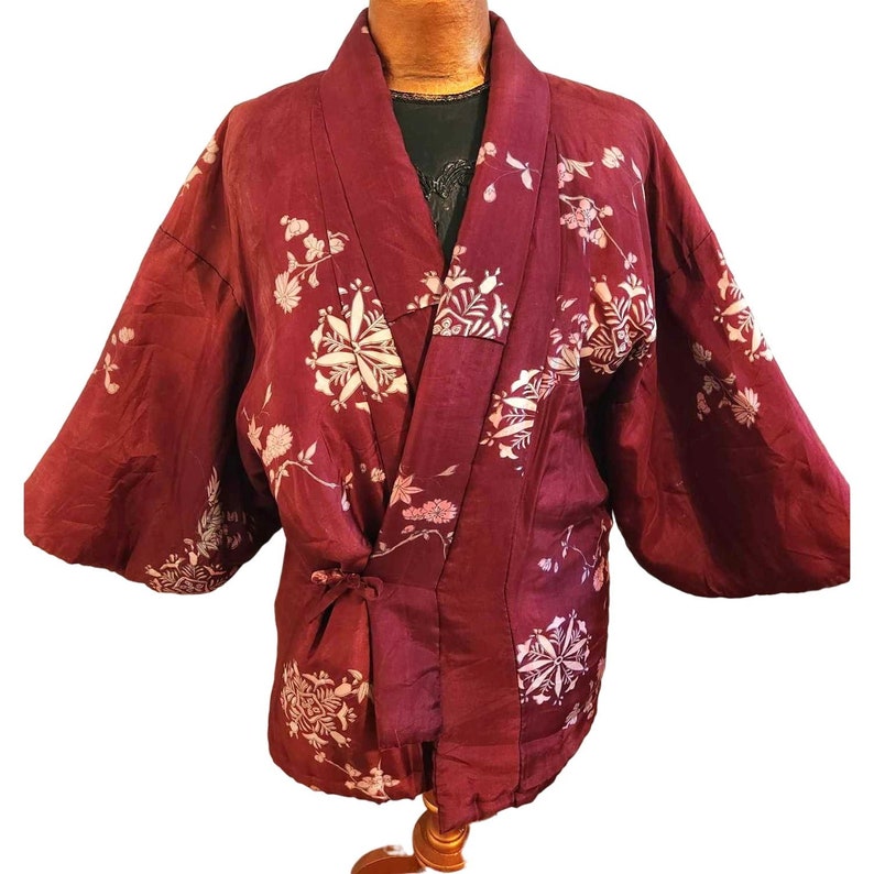 Vintage Padded Asian Silk Floral Kimono Jacket Rust Pink Gray Tie Front Size LG zdjęcie 1