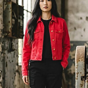 Vintage Michael Michael Kors Cropped Denim Jacket Coral Red Stretch Gold Hardware Size M