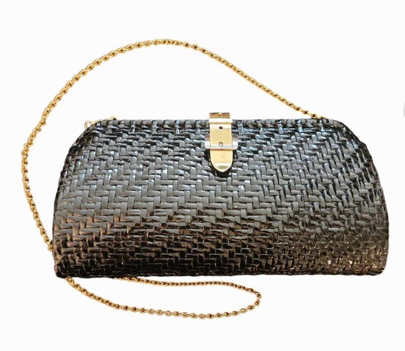 Vintage Nordstrom Made in Italy Black Rattan Basketweave Handbag Gold Tone Clasp Etsy