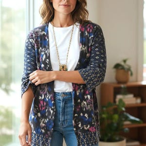 Vtg Guinevere Anthropologie Merino Wool Cardigan S Boho Patterned Open Front Sweater image 1