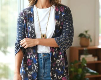 Cárdigan de lana merino Guinevere Anthropologie vintage, talla S, suéter abierto con estampado bohemio