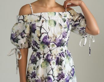 nicole miller puff sleeve a line dress Vintage New York Metallic Floral Sz S/M off Shoulder Puffy Slvs Ties color:Cream