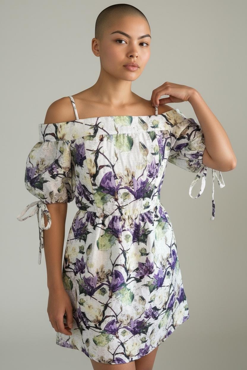 nicole miller puff sleeve a line dress Vintage New York Metallic Floral Sz S/M off Shoulder Puffy Slvs Ties Nicole Miller details:One Shoulder Donna Karan Women's Short Size:12M