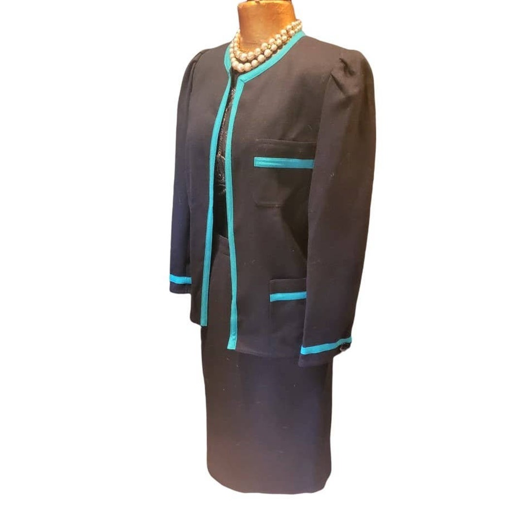 Vintage Louis Feraud Wool Skirt Suit US 12 Black W/teal Trim 