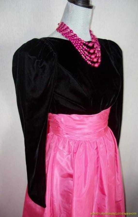Vtg 1960s Gown Black Velvet Pink Taffeta Huge Bow 