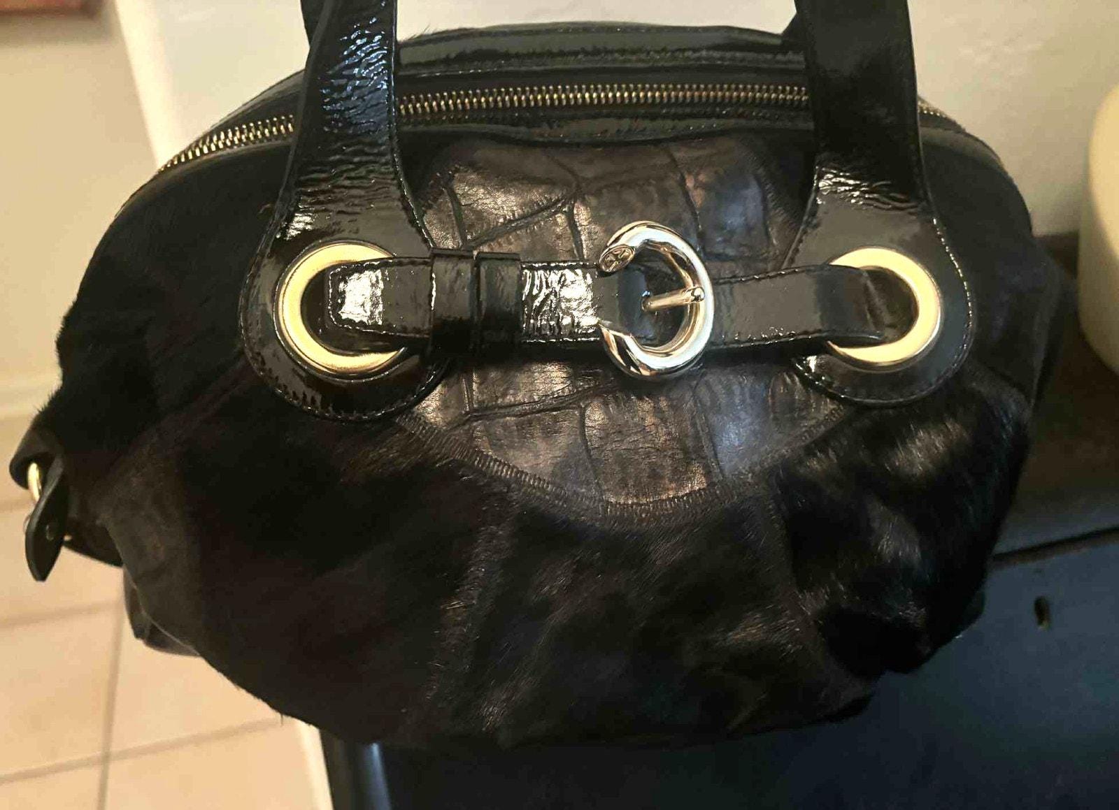 Francesco Biasia Designer Large Black Leather and Calf Hair