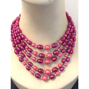 Vintage 1960s Two Tone Pink 5 Strand Multistrand Beaded Adjustable Necklace EUC