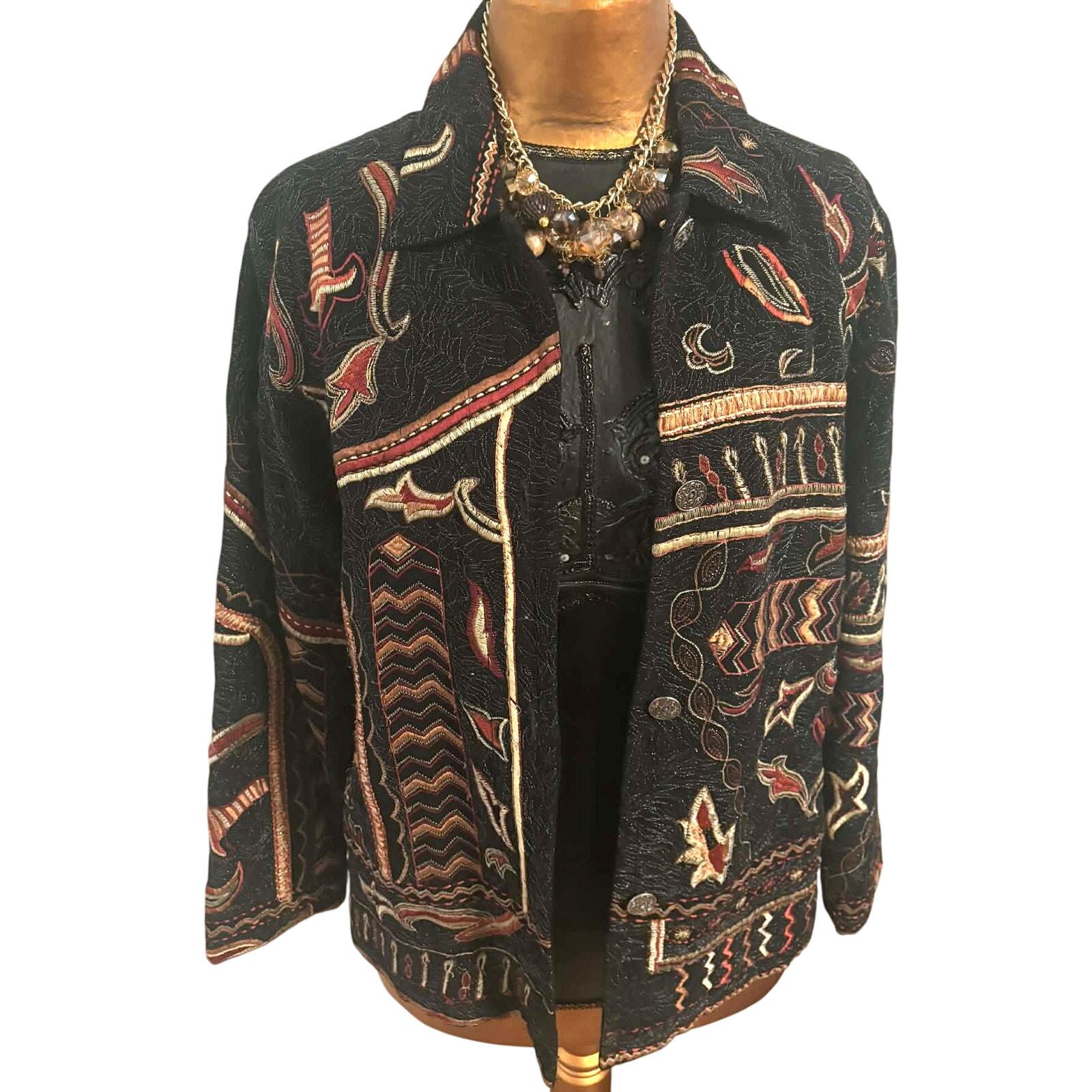 Vintage Chicos Embroidered Jacket Silver Button Front Rayon Cotton 