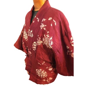 Vintage Padded Asian Silk Floral Kimono Jacket Rust Pink Gray Tie Front Size LG zdjęcie 4