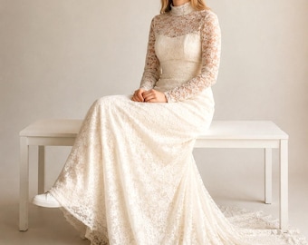 Vintage 1960s Lace Wedding Dress William Cahill California Bridal Gown Lace Train