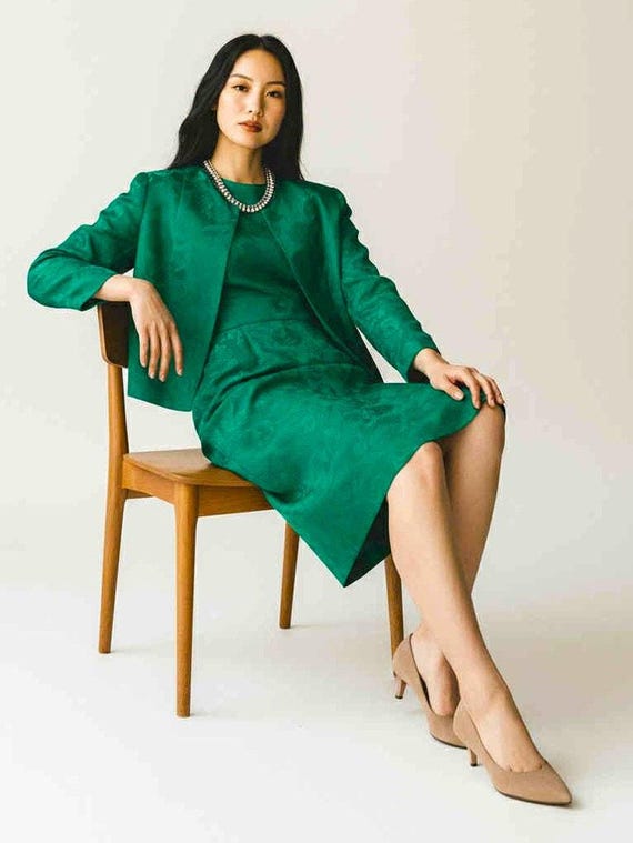 Vintage 1960s Emerald Satin Brocade 2 Piece Dress and Jacket Set Suit No Label Small