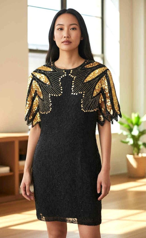 stenay beaded silk dress Vintage Black Beaded Dress with Metallic Sequins by Stenay – Ragstock main image 0