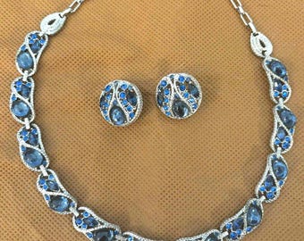 Vintage Blue Rhinestone Necklace & Clip Earrings Set Silver Tone Mid Century EUC