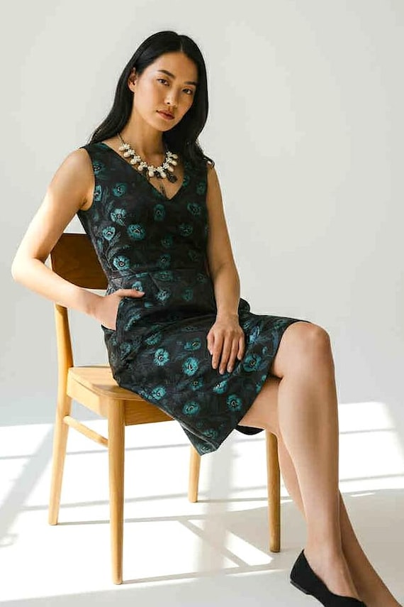 Vintage J. Crew Black/green Floral Jacquard Satin V-neck Sleeveless  Cocktail Dress Sz 6 - Etsy