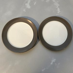 May include: Two round plates with a white center and a dark gray rim. The plates are side-by-side, showcasing a simple, modern design. The plates are suitable for serving food.