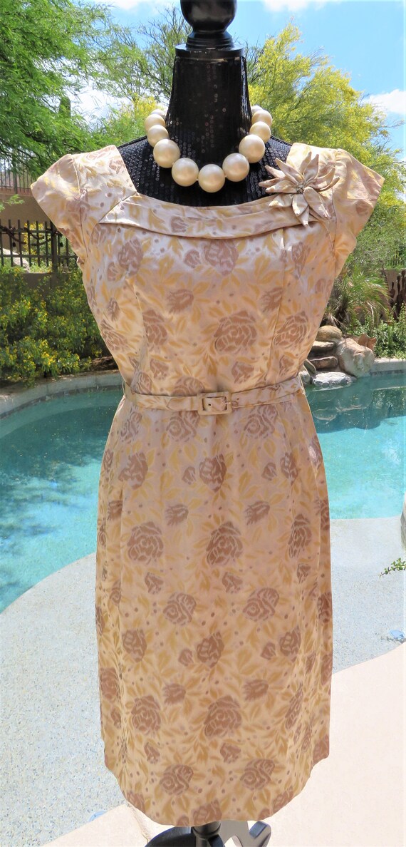 Vintage 1940s Golden Metallic Floral Dress w/Belt