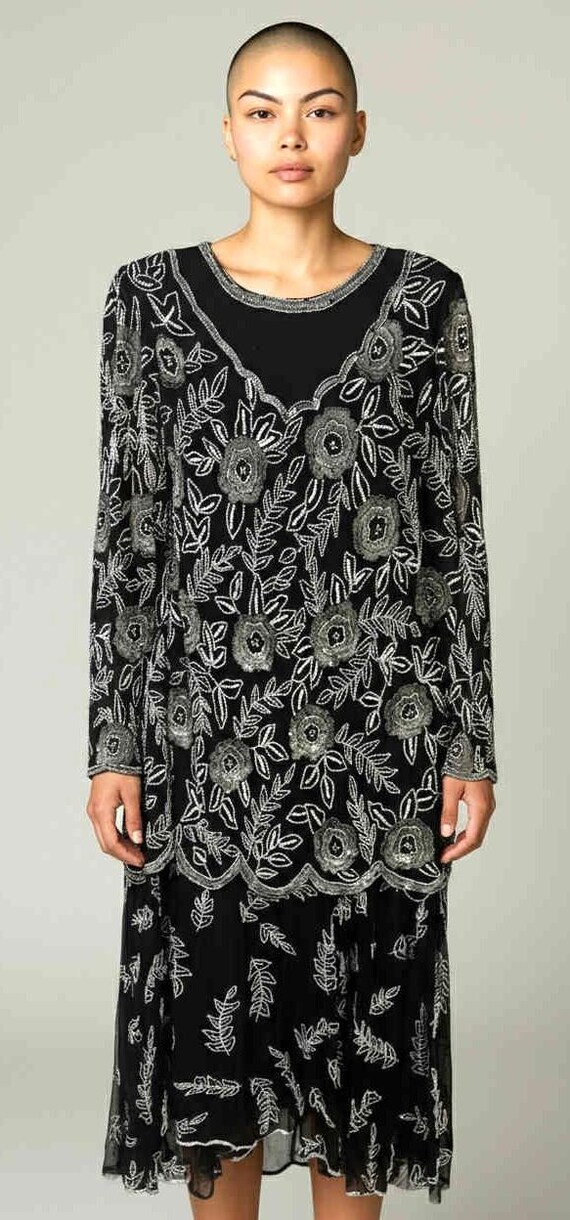 Robe Vintage Années 80 Stenay - Noire à Paillettes, Soie, Taille 10