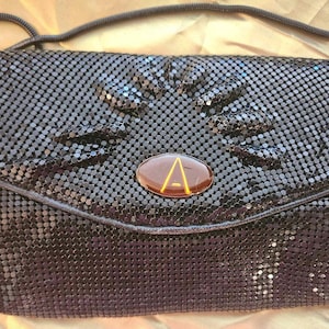 Vintage 1970s Black Mesh Shoulder Handbag Purse &quot;A&quot; on Front Long Coiled Strap