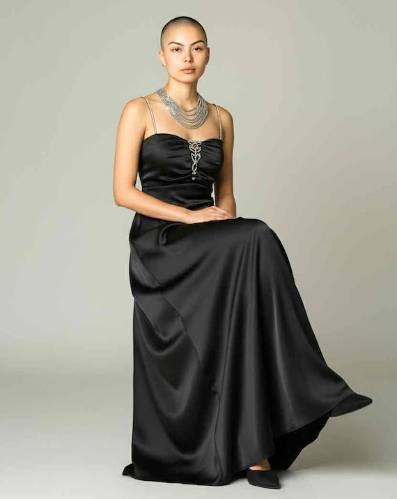 jump formal dresses Vintage 80s Black Satin Full Length Dress Sz 7/8 shirt dresses