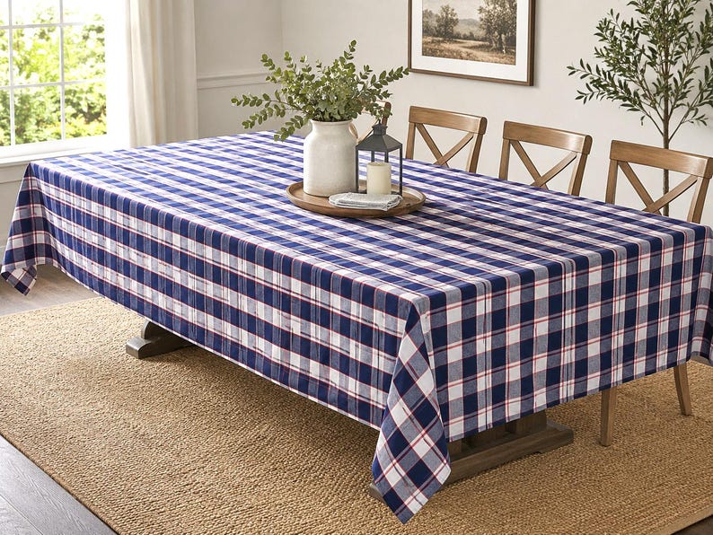 Vintage Style Sur La Table Plaid Tablecloth Red White Blue Cotton Table Linen OVERSIZED image 1