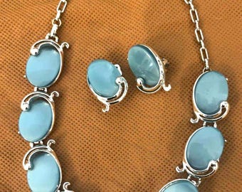 Vintage Aqua Cabochon Choker Verstellbare Halskette Clip Ohrringe Set silber Ton