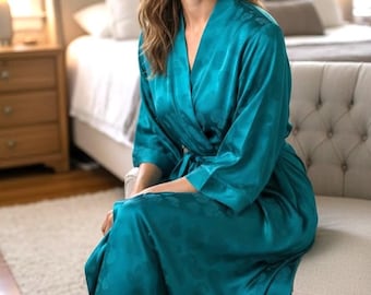 Vintage Galadriel Pure Silk Teal Robe NWT Belted Pockets Made Hong Kong